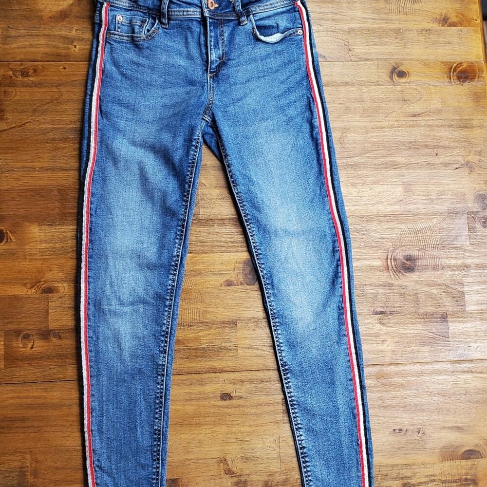 Zara z1975 Red-Silver-Black Tuxedo Stripe Skinny Jean Size 2 - Picture 7 of 7